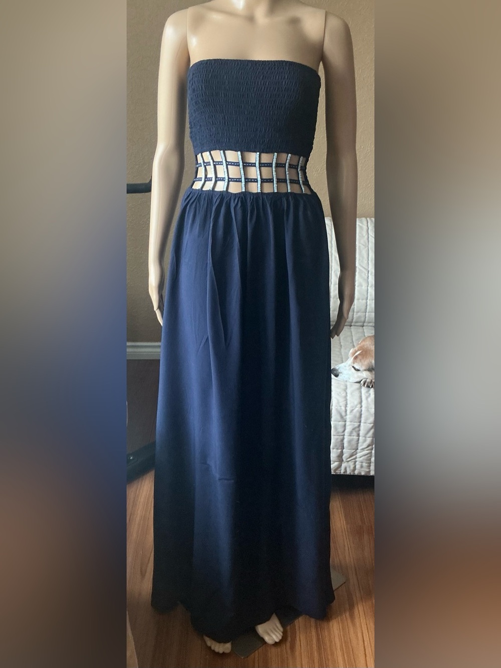 Skemo Navy Beaded Lattice Waist Strapless Maxi Dress Cutout Waist – Fits S/M